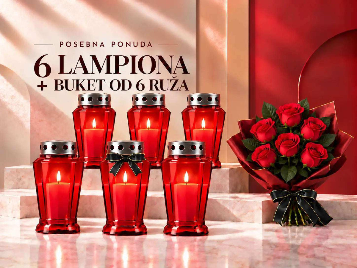 6 red glass memorial lanterns with lit candles and bouquet of 6 red roses for funeral sympathy