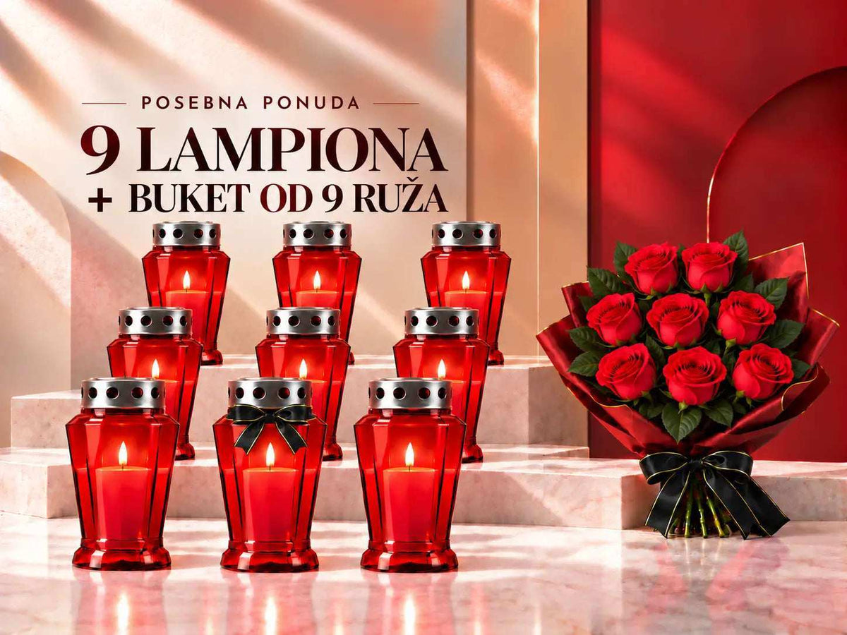 9 red glass memorial lanterns with lit candles and bouquet of 9 red roses for condolence telegram