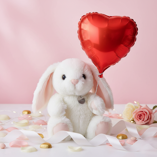 Bijeli plišani zeko s balonom srca valentinovo