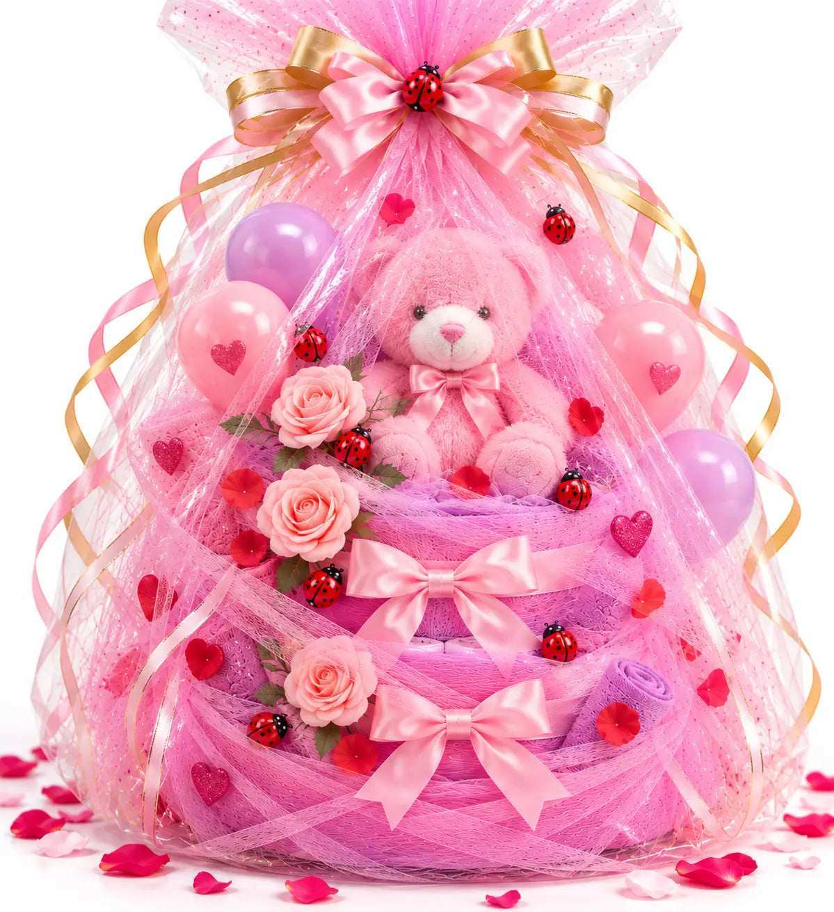 Pink two-tier diaper cake with plush teddy bear, roses, and ladybug bow
