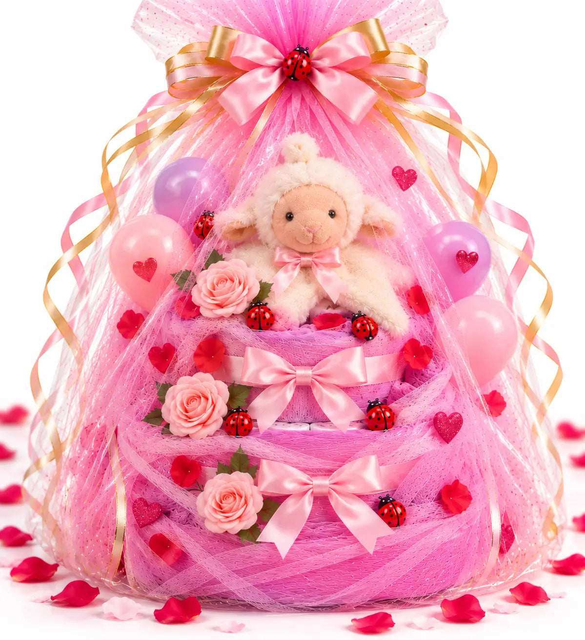 Pink two-tier diaper cake with plush lamb, roses, and ladybug bow