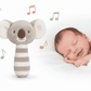 Gray plush musical koala rattle with white stripes for baby sleep