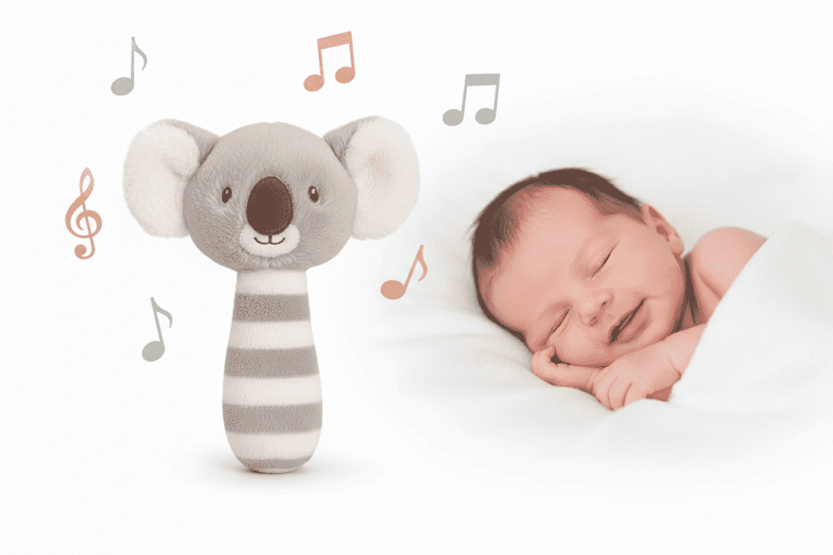 Gray plush musical koala rattle with white stripes for baby sleep