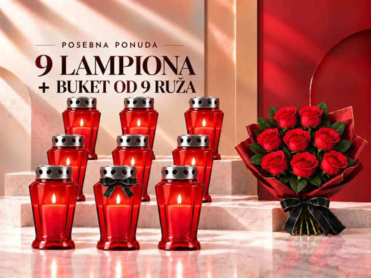 9 red glass memorial lanterns with lit candles and bouquet of 9 red roses for condolence telegram