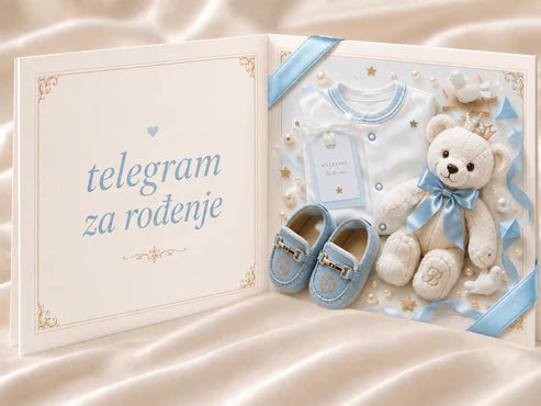 100 LX Plave Papučice Telegram – čestitka za rođenje dječaka
