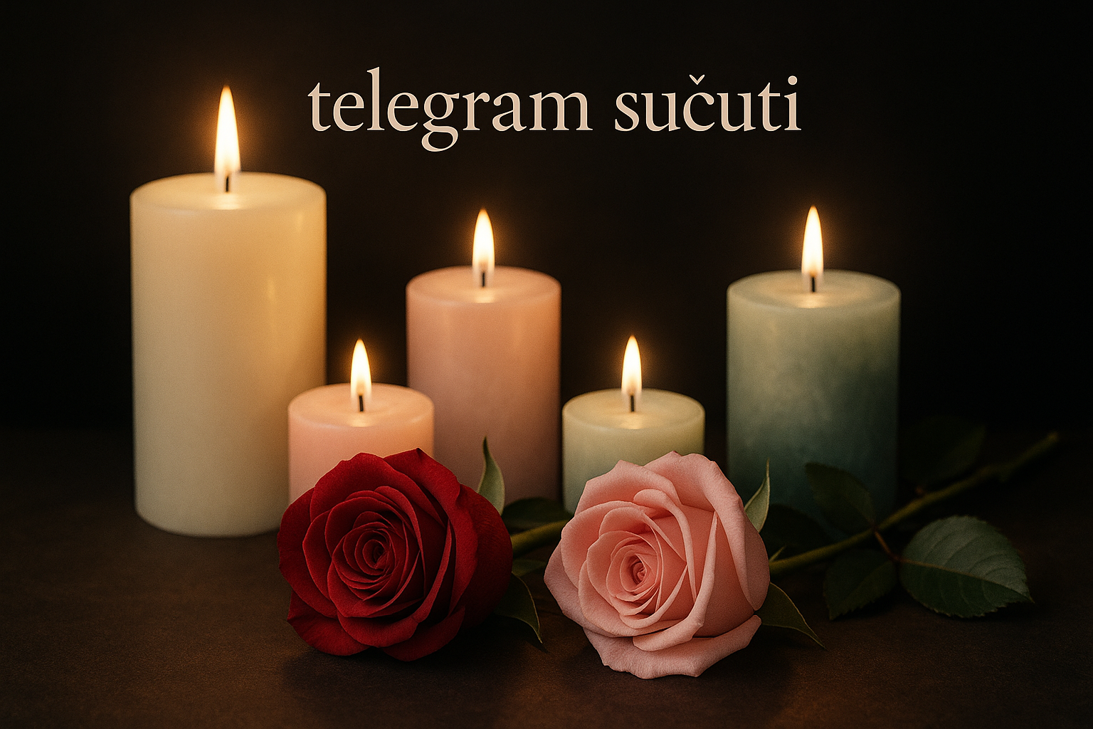svijeće u boji i dvije ruže,  tekst;  telegram sućuti